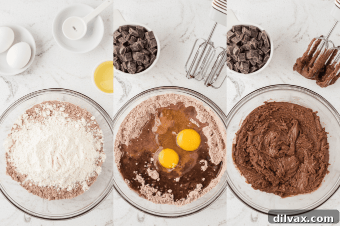 Decadent Brownie Cookies 5 Step-by-step process for making cookies from a brownie mix, showing mixing ingredients and scooping dough.