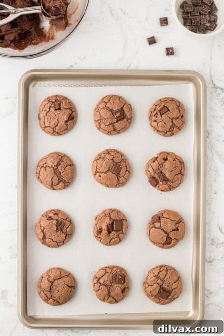 Decadent Brownie Cookies 7 Two double chocolate brownie cookies on a cooling rack, showing off their rich color and texture.