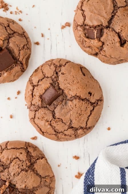 Decadent Brownie Cookies 9 A close-up of a stack of fresh-baked cookies made from a brownie mix, showing the texture and chocolate pieces.