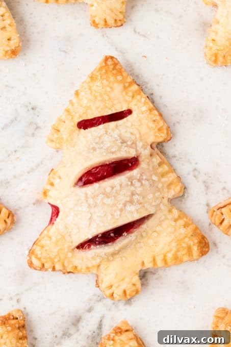 A festive close-up of a Christmas Cherry Hand Pie, showcasing its golden crust and sparkling sugar.