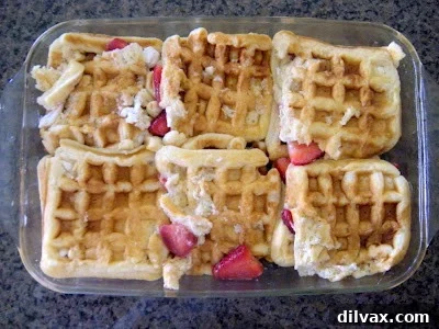 Baked strawberry waffles layered with cream cheese.