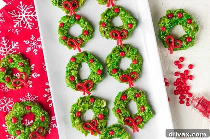 Festive green Christmas Cornflake Wreaths decorated with red candies