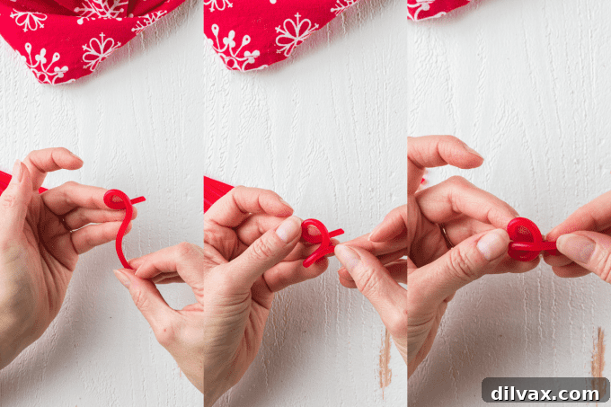 A step-by-step visual guide showing how to create small red licorice bows for decorating Christmas Wreath Cookies.