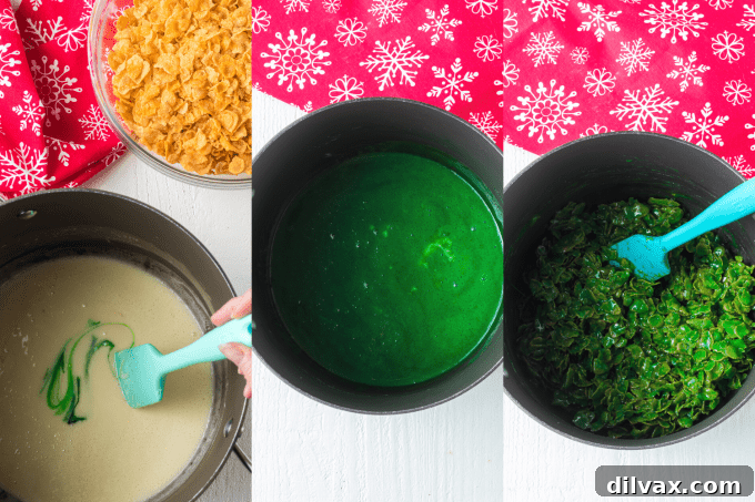 A visual guide showing the process of shaping green cornflake mixture into wreaths and decorating them.