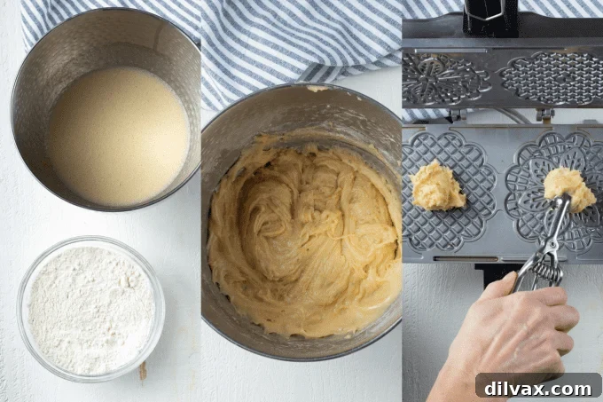 Step-by-step photos of the Pizzelle recipe process, from mixing to baking