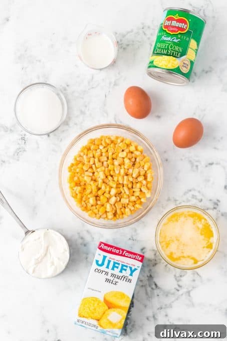 Array of fresh ingredients laid out for making Corn Spoon Bread