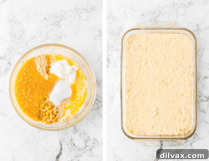 Step-by-step process photos showing the mixing of Corn Spoon Bread ingredients