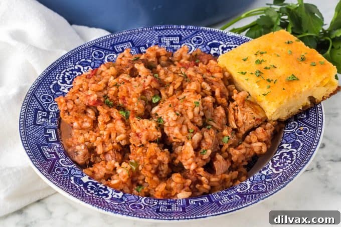 Classic Louisiana Jambalaya with tender chicken, smoky Andouille sausage, and fluffy rice in a rich tomato sauce, served in a rustic pot.