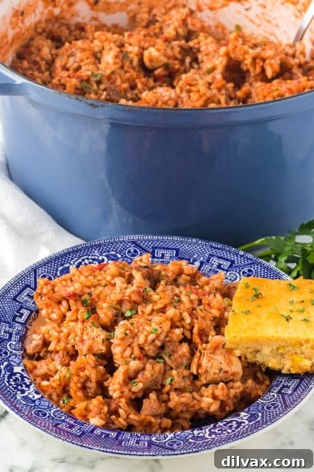 Overhead view of a vibrant Jambalaya dish with rice, thick slices of Andouille sausage, green pepper, and diced tomatoes, showcasing its hearty and colorful ingredients.