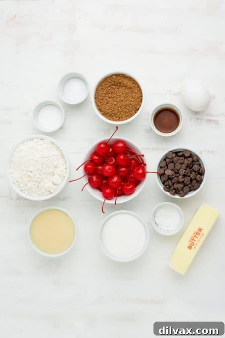 Cherry Kissed Chocolate Cookies 4 Collection of fresh ingredients for making Chocolate Cherry Thumbprints, including flour, cocoa, butter, sugar, and cherries.