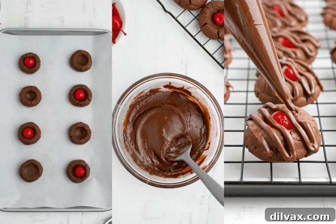 Cherry Kissed Chocolate Cookies 6 Close-up of baked chocolate cherry thumbprint cookies on a cooling rack.