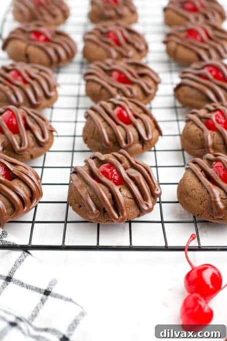 Cherry Kissed Chocolate Cookies 7 Finished Chocolate Cherry Thumbprints artfully drizzled with more chocolate.