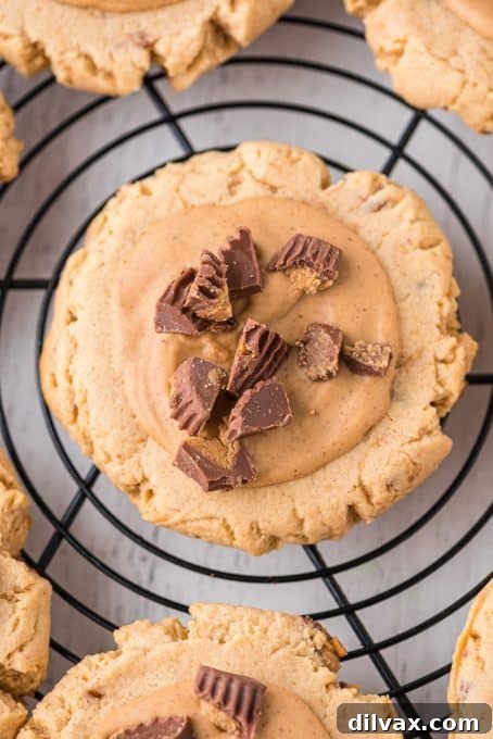 Holiday Cookie Countdown 2022 4 A close-up of a peanut butter frosted cookie topped with chopped Reese's Peanut Butter Cups, showing a bite taken out.