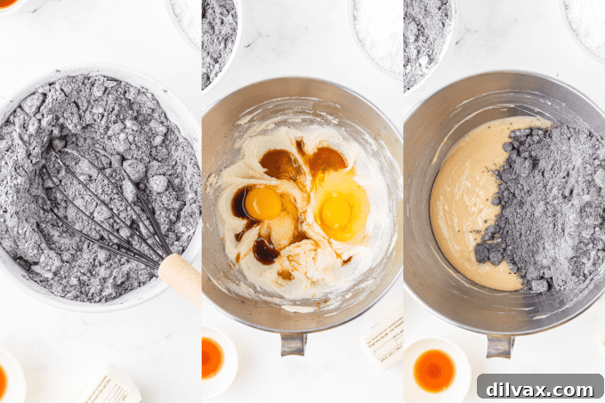 Process steps for baking Frosted Oreo Cookies, showing dough preparation.