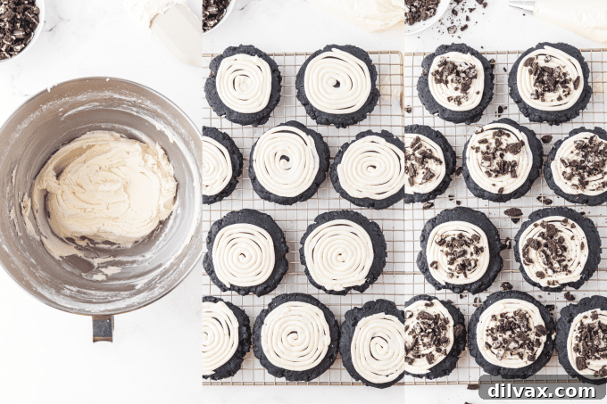 Frosting process steps for Copycat Crumbl Oreo Cookies, showing piping technique.