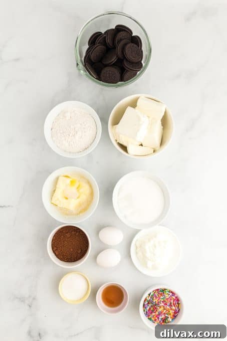 Ingredients for Funfetti Oreo Cheesecake Bars