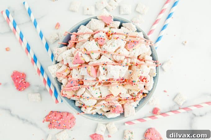 Carnival Critter Chow 2 A bowl of puppy chow made with Circus Animal Cookies, drizzled with pink frosting.