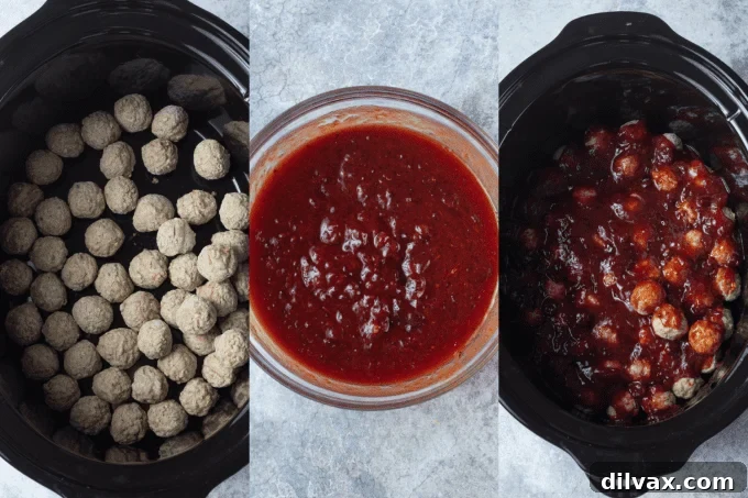Sweet and Savory Cranberry Meatballs 6 A sequence of process photos showing how to prepare Cranberry Meatballs: mixing the sauce, pouring it over meatballs in a slow cooker, and the finished dish.