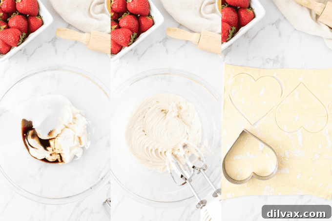 Step-by-step process for preparing Strawberry Cream Cheese Hearts: mixing filling, cutting pastry, adding filling, and topping with strawberries.