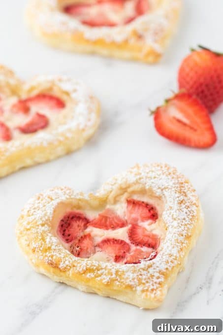 Assortment of Heart Danish pastries with sweet cream cheese and fresh strawberries.
