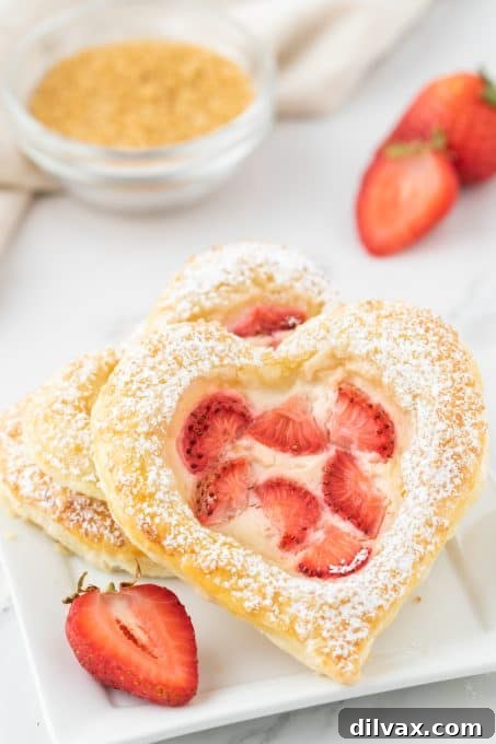 Several Strawberry Cream Cheese Danish pastries in heart shapes, beautifully arranged.