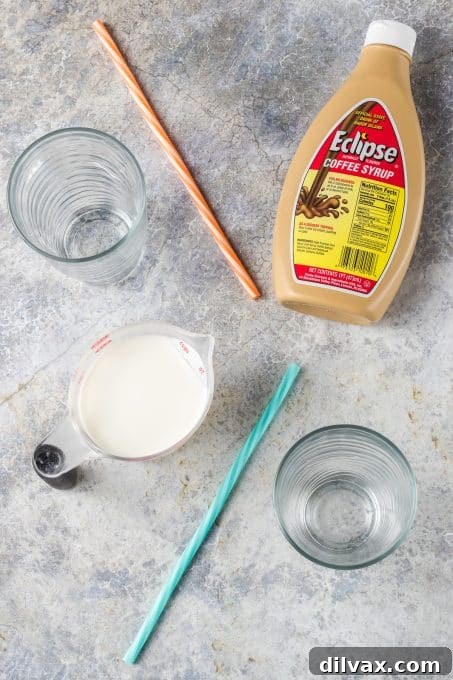 Ingredients for making Coffee Milk: milk and coffee syrup
