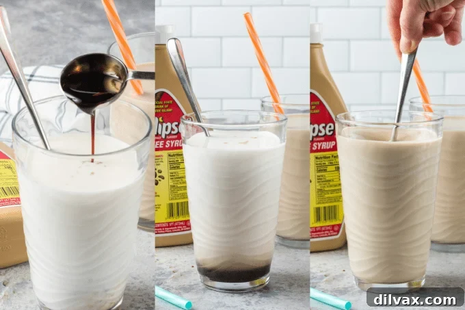 Coffee Milk preparation steps: pouring syrup into milk