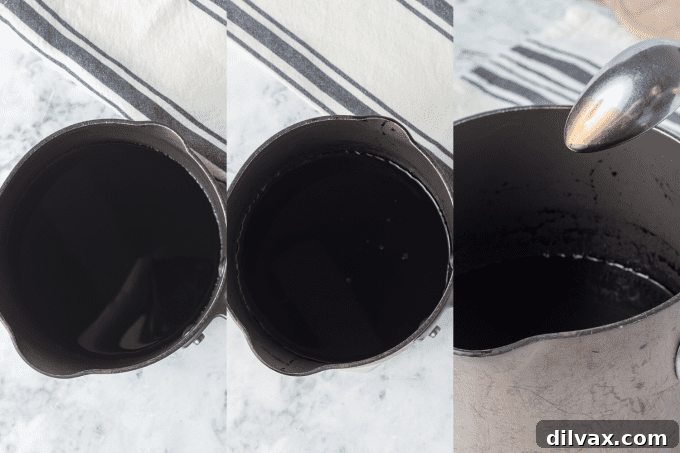 Effortless Balsamic Glaze 6 Visual steps for determining when a balsamic vinegar glaze is complete by coating the back of a spoon.