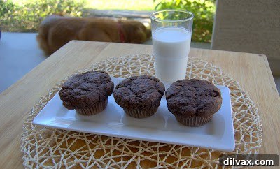 Delicious double chocolate chip muffins, freshly baked and ready to eat, with a rich chocolate crumb and visible chocolate chips.