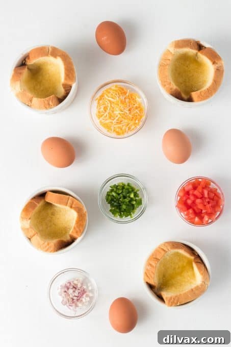 Bread slices pressed into ramekins, ready for the oven with other ingredients nearby.