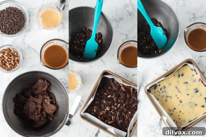 Step-by-step photos illustrating the preparation of the bottom layers of Turtle Gooey Bars.