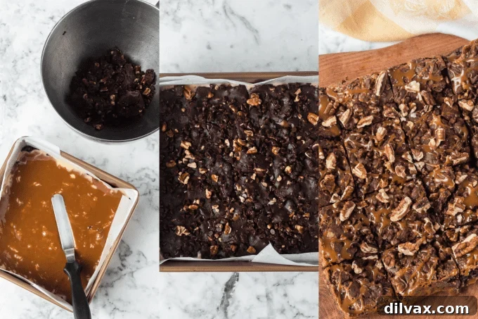 Close-up process photos showing the layering of caramel and the top chocolate dough pieces on Turtle Bars.
