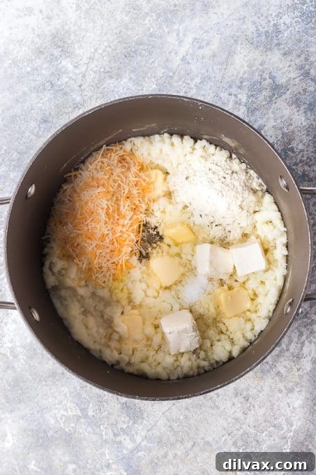 Step-by-step process of preparing Ranch Mashed Potatoes, showing potatoes boiling and then being mashed