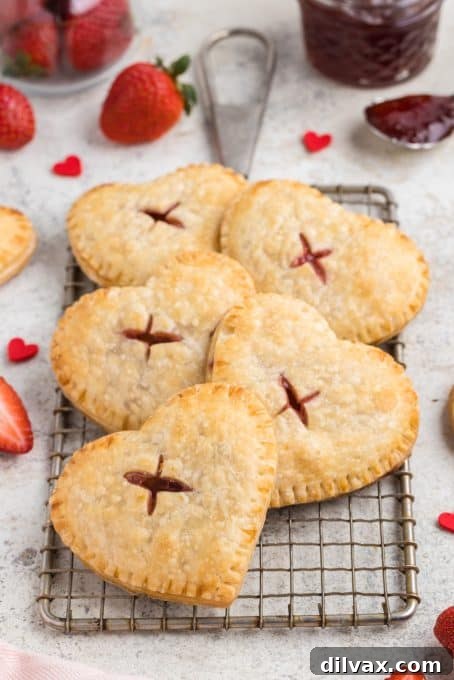 Strawberry Cheesecake Pocket Pies 3 Two heart-shaped Strawberry Cream Cheese Hand Pies on a white background, inviting and delicious