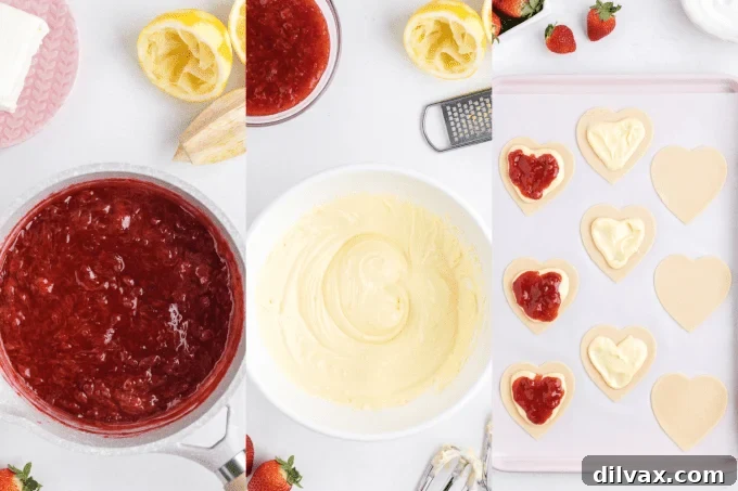 Process photos showing the making of Strawberry Cream Cheese Hand Pies, from filling to sealing