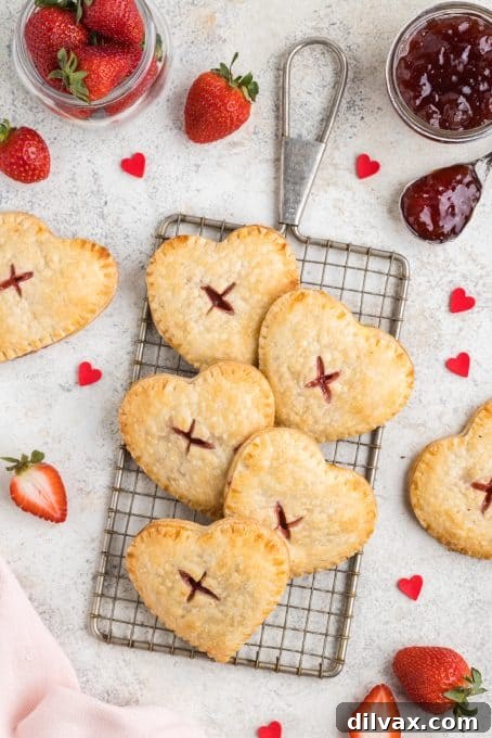 Assortment of heart-shaped hand pies, some with vents, filled with cream cheese and strawberry jam, on parchment paper