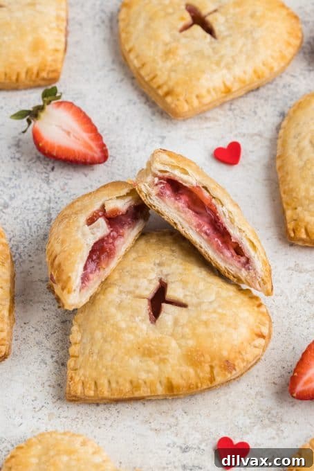 A close-up of a cut Strawberry Cream Cheese Hand Pie, revealing the layers of strawberry jam and cream cheese filling