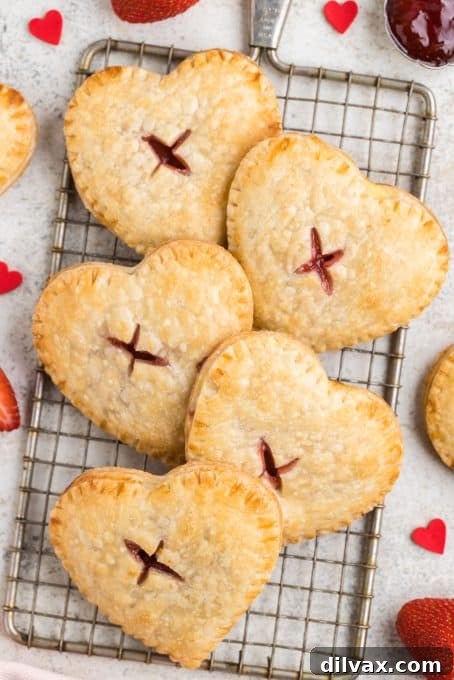A selection of hand pies with cream cheese and strawberry jam filling on a white background