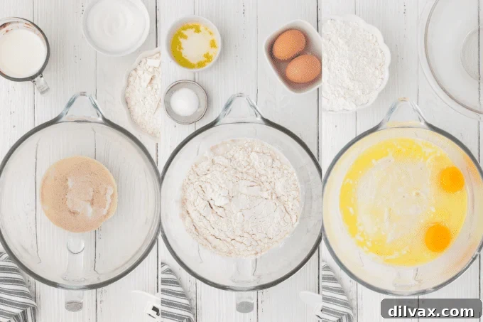 Step-by-step process photos showing dough preparation and rising for Texas Roadhouse Rolls.