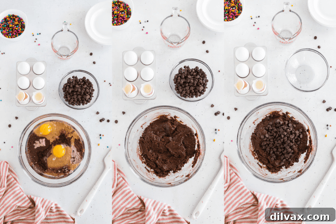 Step-by-step process photos for making chocolate cosmic cookies