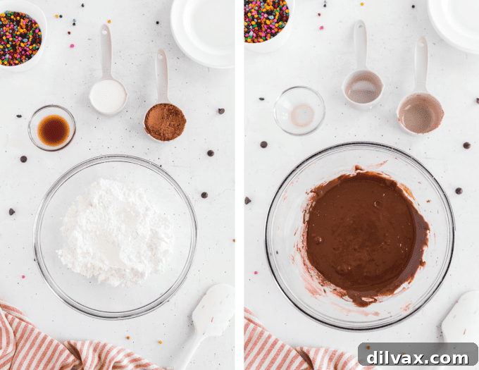 Detailed process photos for preparing the chocolate frosting