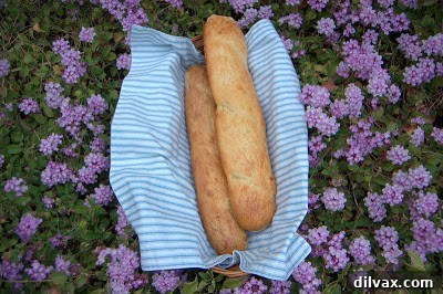Freshly baked French bread loaves, appearing rustic and homemade, cooling on a wire rack.