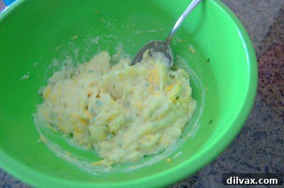 Mixing mashed potatoes with shredded cheese and chopped green onions in a bowl.