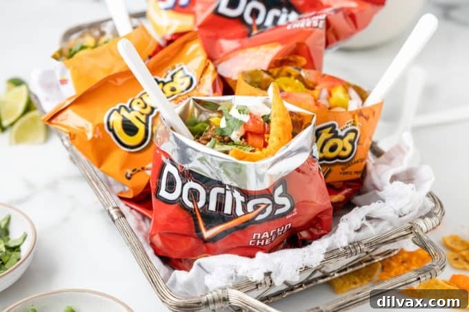 Grab-and-Go Taco Bags 2 A tray of bags fill with taco ingredients for individual tacos.