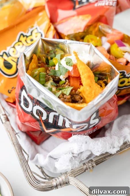 Grab-and-Go Taco Bags 10 A Doritos bag filled with taco ingredients.