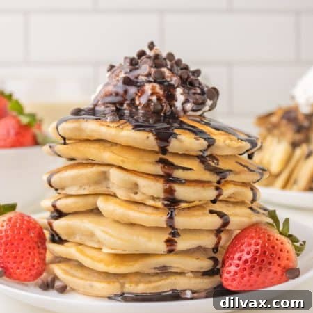 A stack of Chocolate Chip Pancakes ready to be served.