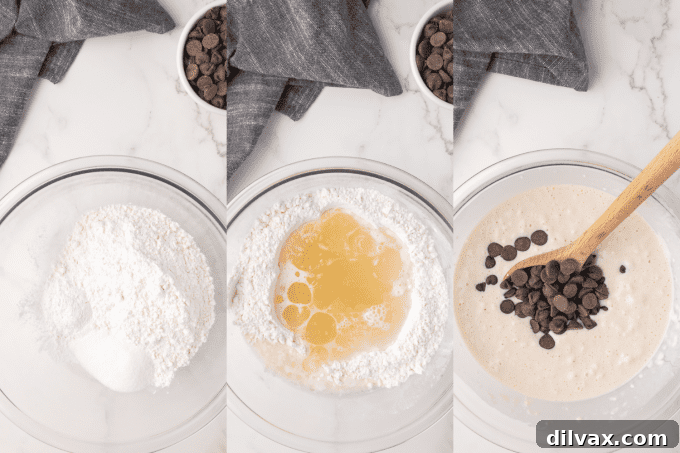 Step-by-step process photos showing how to mix batter and cook chocolate chip pancakes.