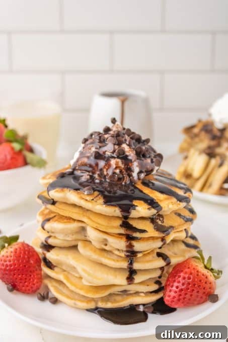 A beautifully presented plate of chocolate chip pancakes topped with whipped cream, chocolate syrup, and fresh fruit.