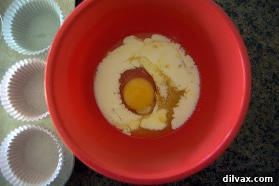 Wet ingredients being whisked.