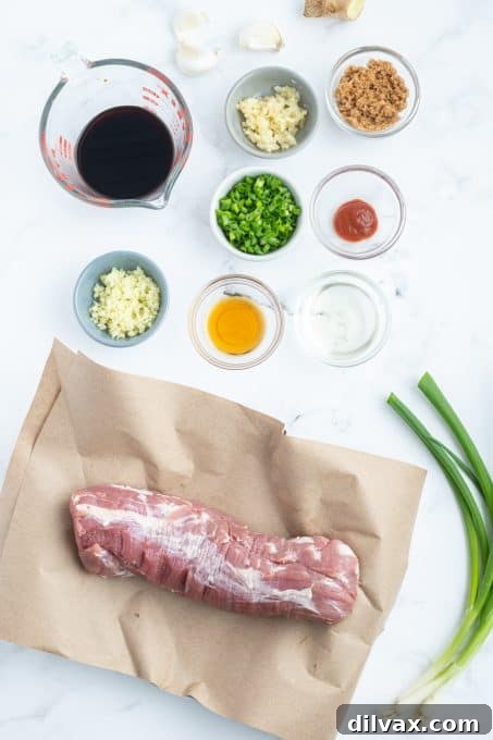 Sticky Asian Glazed Pork Tenderloin 5 Ingredients for Roasted Pork Tenderloin with Asian Marinade laid out on a table
